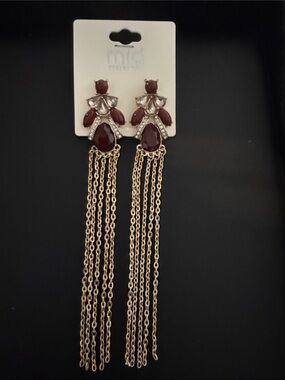 MIA  COLLECTION Gold Long Chain Tassel Earrings with Burgundy and Clear Stones